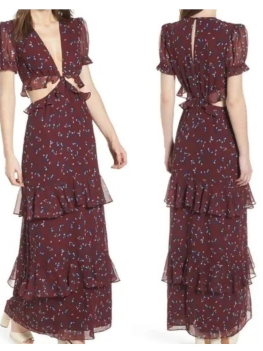Wayf “Lavinia” Dress Burgundy Floral Ruffle Maxi NWOT Size XS